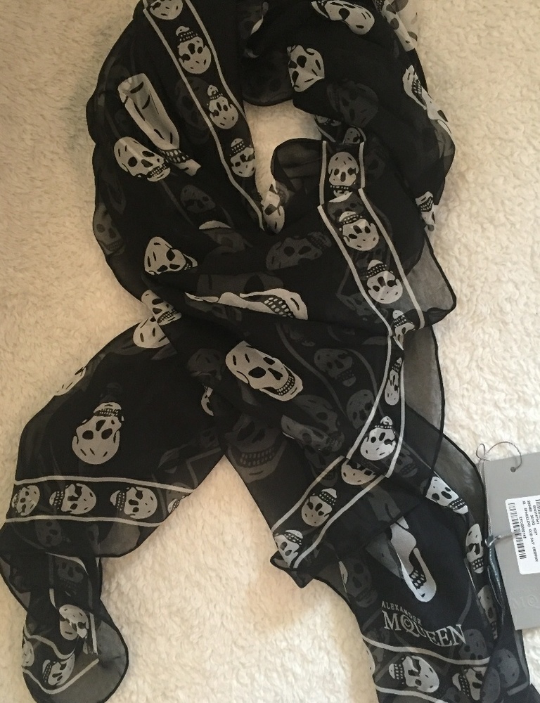Alexander McQueen black silk chiffon skull scarf